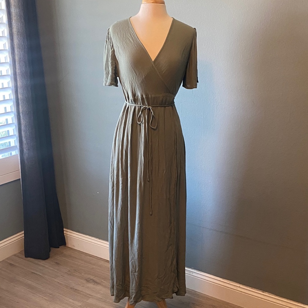 Lulu's Olive Wrap Maxi Dress with Waist Tie